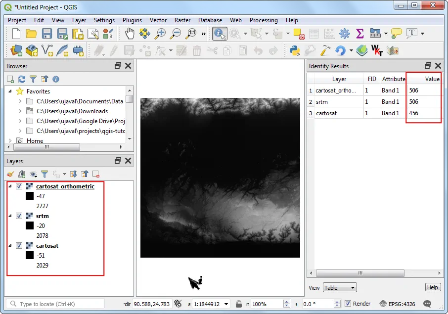 comparison of elevations between srtm, cartisat and cartosat_orthometirc